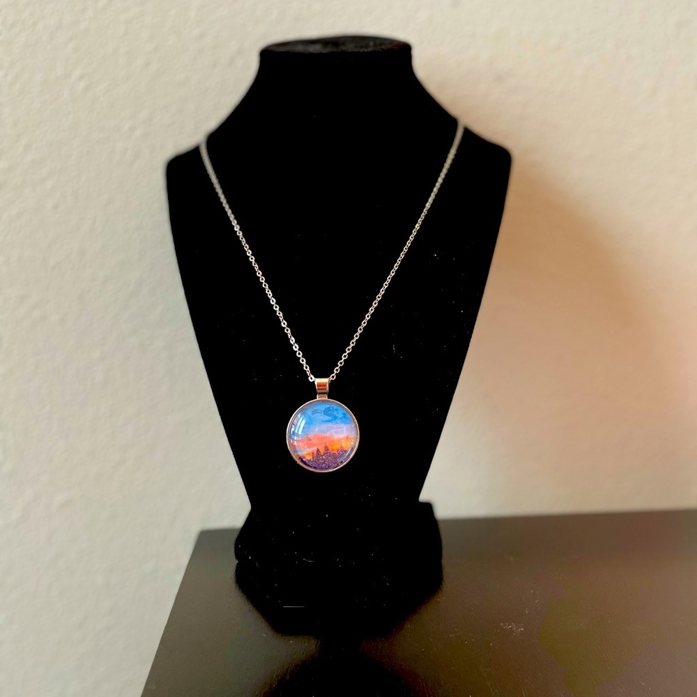 Handmade Sunrise Forest Glass Dome Cabochon Pendant